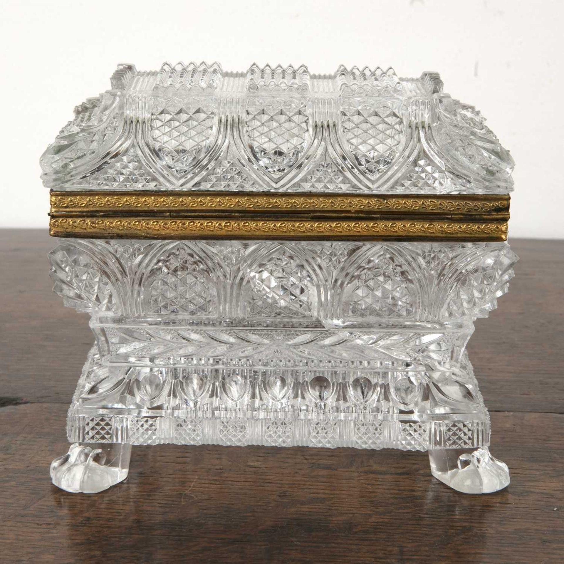 French Charles X style glass casket or coffin with gilt metal mounts on a pressed or moulded glass - Image 4 of 5