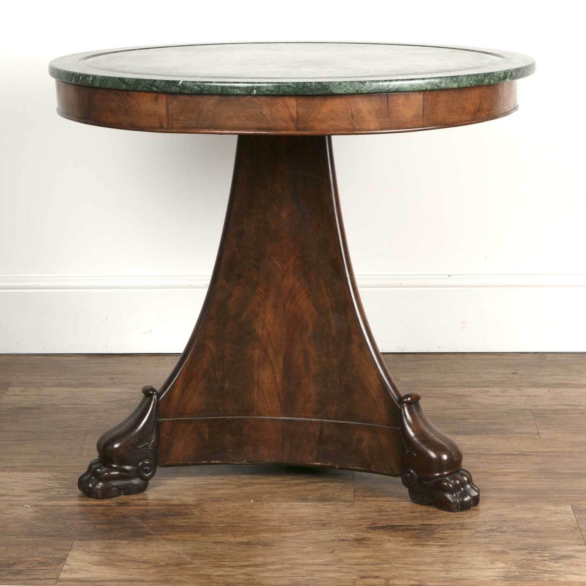 Mahogany centre or library table With a later green marble top, a triform base, and claw feet, 83. - Image 3 of 4