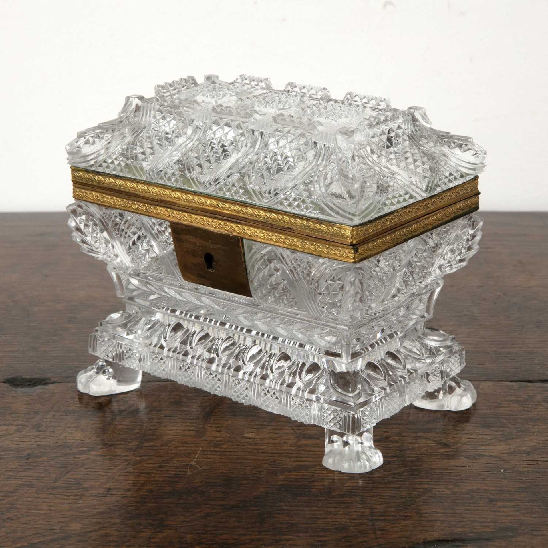 French Charles X style glass casket or coffin with gilt metal mounts on a pressed or moulded glass - Image 3 of 5