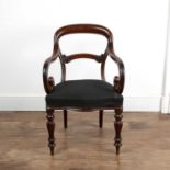 Mahogany elbow chair 19th Century, with open arms, and a reupholsterd seat, 86cm high x 56cm wide