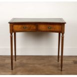 Reproduction mahogany writing table with a curved front, 86cm wide x 46cm deep x 78cm high