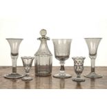 Small group of glass to include two 18th Century wine glasses with tear drop stems, 18.5cm high,