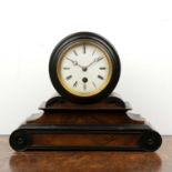 Victorian drum cased mantel clock in walnut case on a shaped plinth with ebonised detail, the