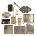 Collection of silver and silver plate to include: silver cigarette cases, a white metal belt buckle,