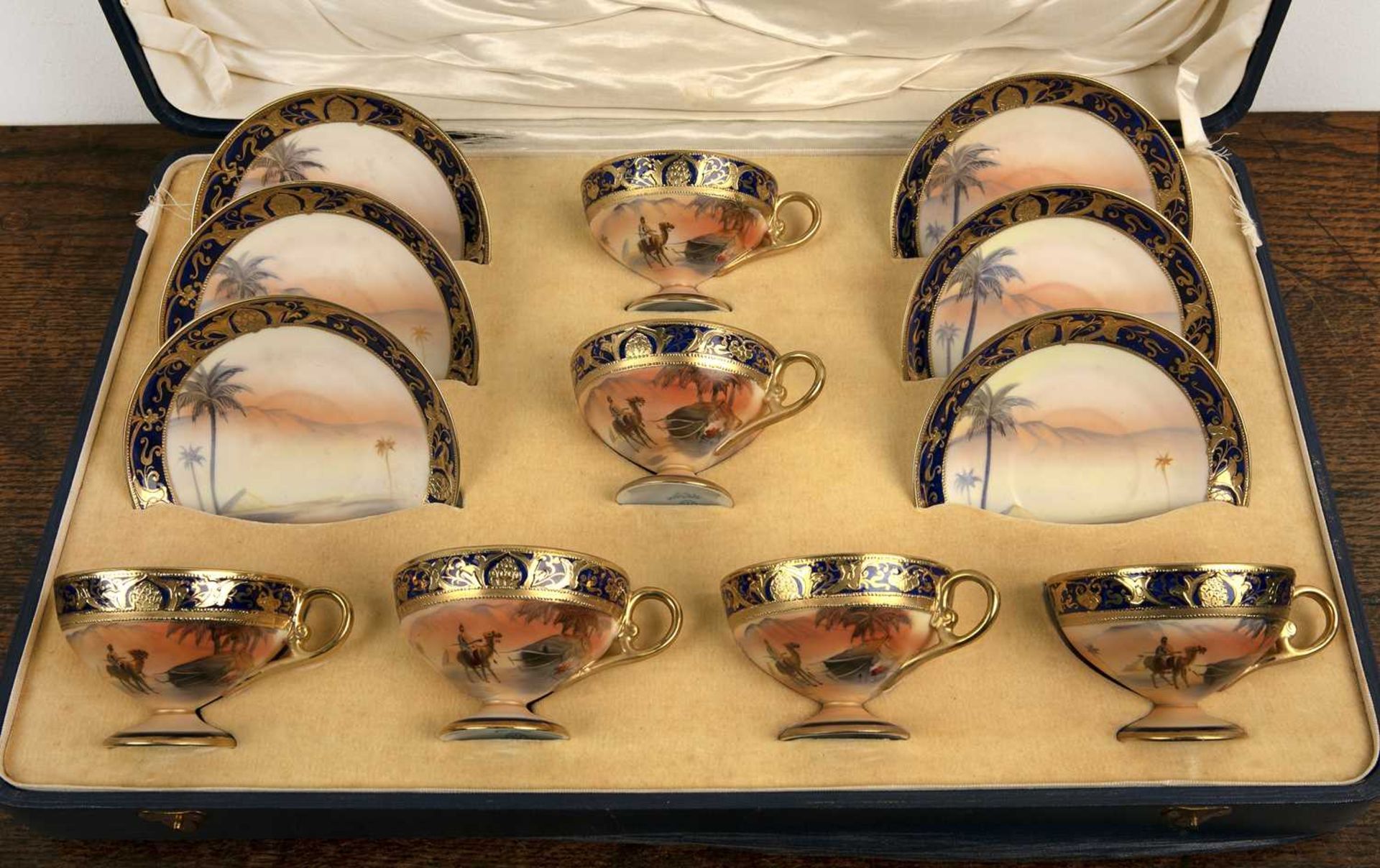 Cased Noritake porcelain tea set comprising of six cabinet teacups and saucers, decorated with