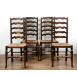 Set of four stained beech ladder back dining chairs with rush seats, 44cm wide x 41cm deep x 105cm