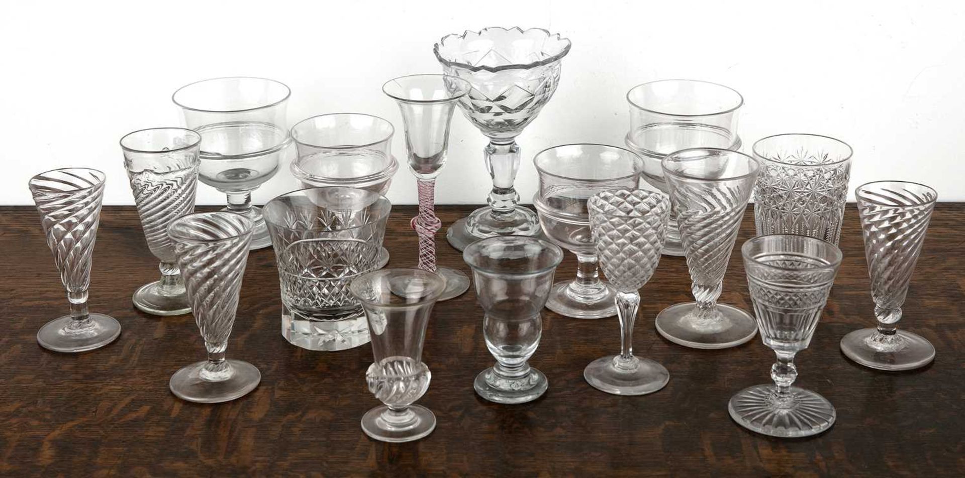 Group of glassware English, 18th/19th Century to include a wine glass with a coloured spiral twist