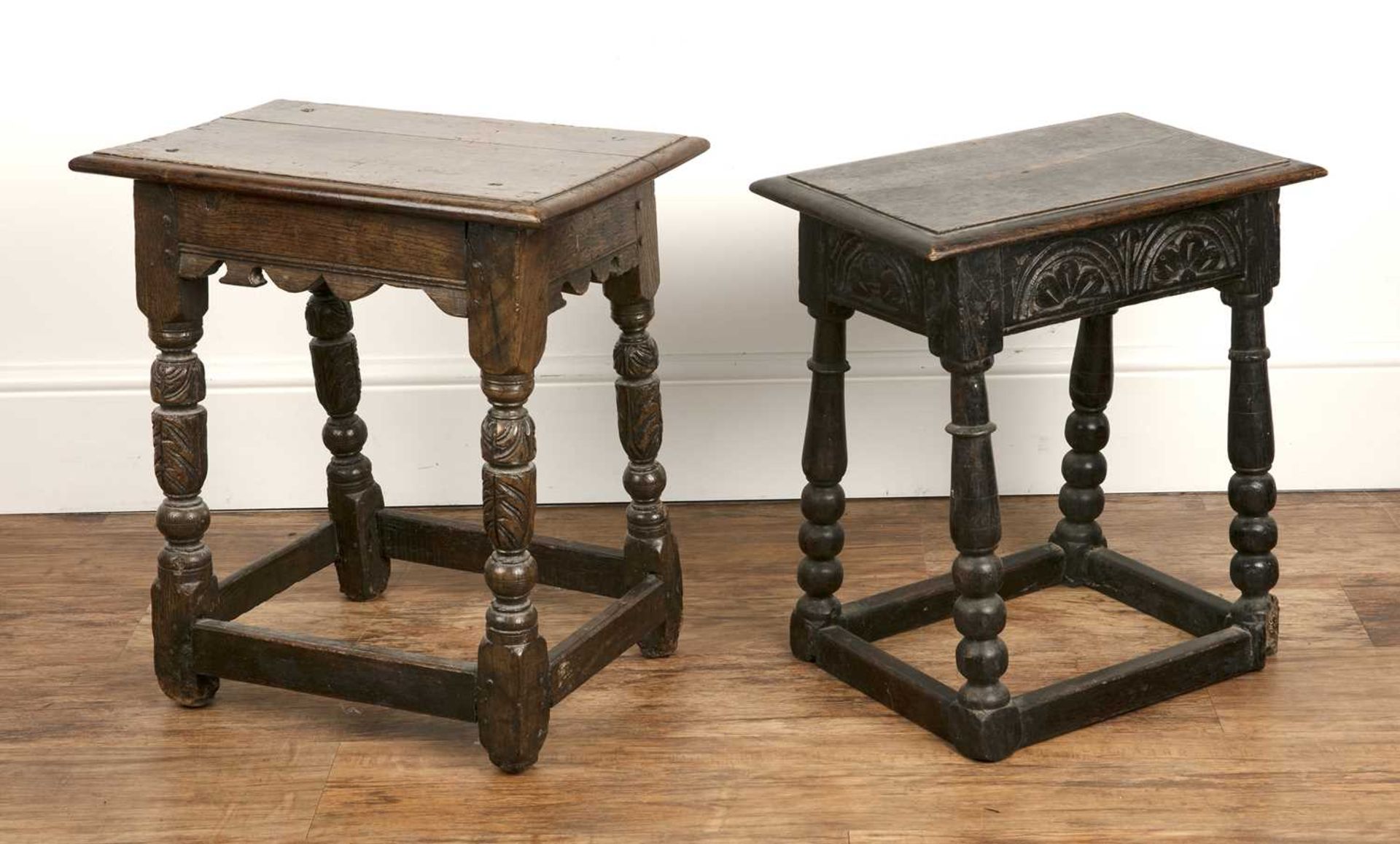 Two oak joint stools 19th Century and later, one with a carved stylised frieze on turned supports, - Image 2 of 3