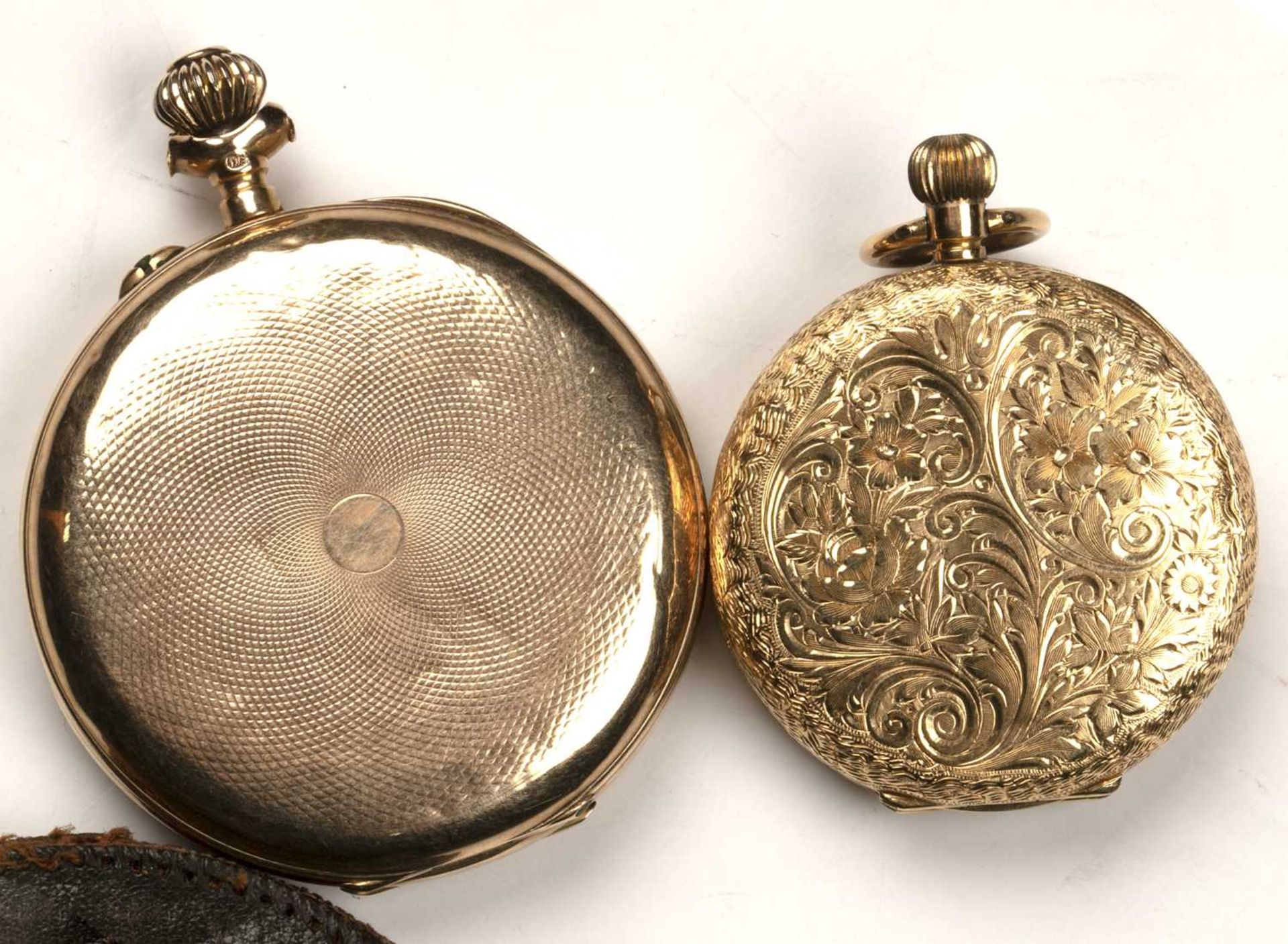 Two continental precious yellow metal hunter pocket watches both with white enamel dials having - Image 2 of 3