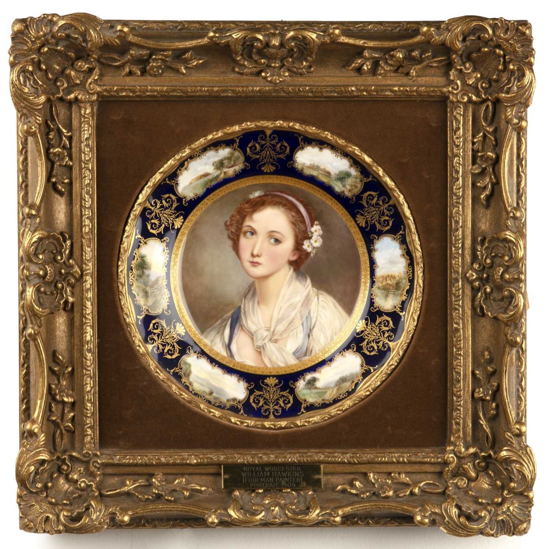 William Hawkins for Royal Worcester Pair of cabinet plates painted with female portraits, with - Image 3 of 7