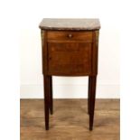 Marble top French style cupboard with inlaid decoration, 46cm wide x 39cm deep x 87cmLoose leg, some