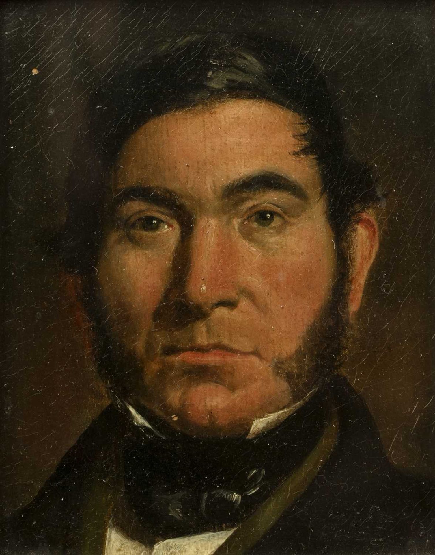 19th Century English School Portrait of a gentleman, with sideburns, oil on board, 10cm x 8cm, old