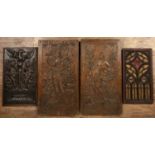 Pair of carved oak panels with carved decoration of figures, 47cm x 25cm and two other carved