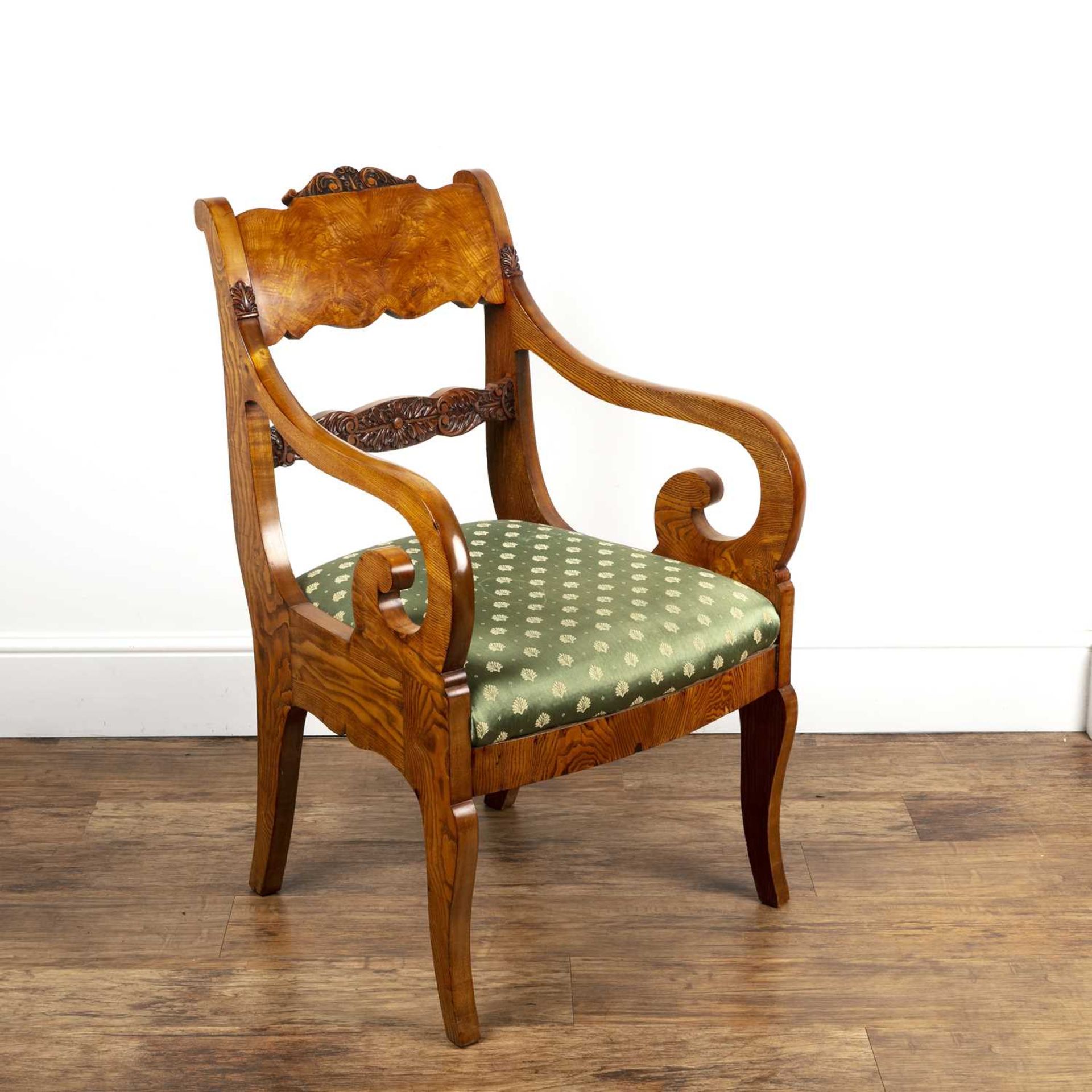 Maple and ash armchair Russian, 19th Century, with a green upholstered seat, 58cm wide x 100cm