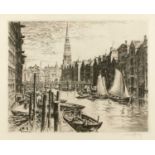 Georg Fritz (1894-1967) A Continental riverside town, etching, pencil signed in the margin, 27.5 x