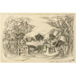 Meriel Edmunds The mad-hatter's tea party, etching, pencil signed in the margin, dated 1980 and