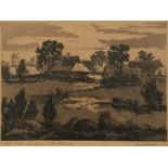 20th century Estonian school A field with farm buildings, etching with aquatint, indistinctly signed