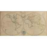 A 19th century engraved double hemisphere map of the World, hand-coloured, 19.5 x 37cm; a map of