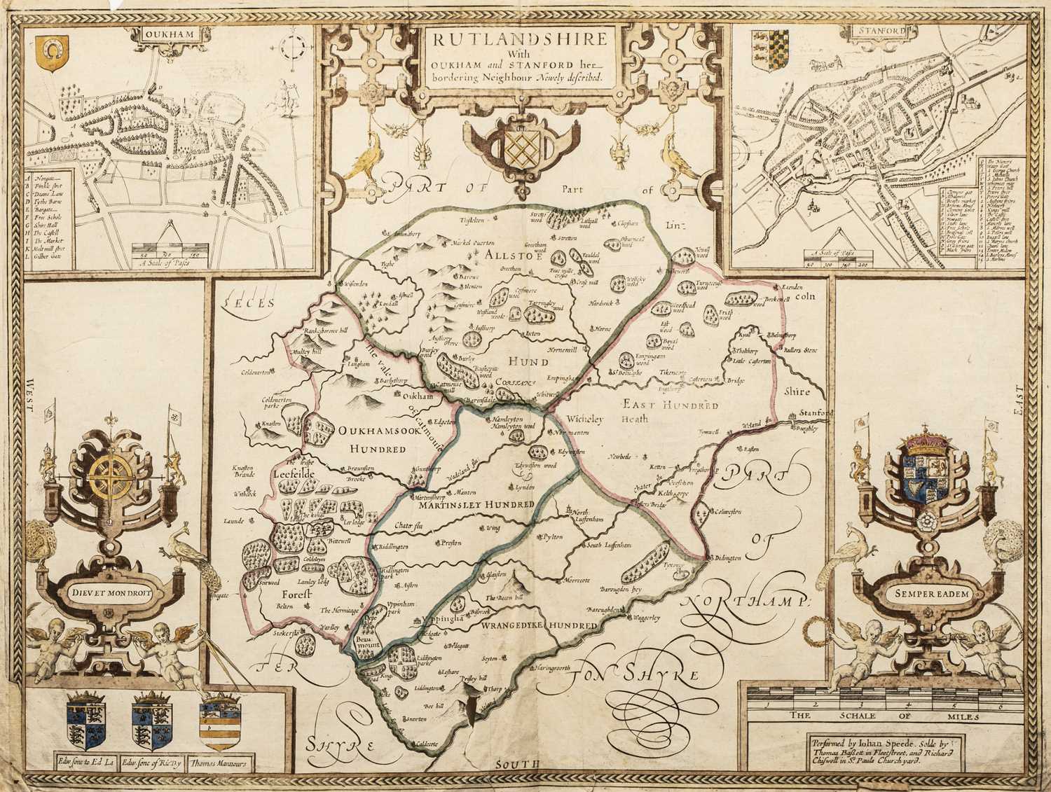 John Speede Leicester, engraving with inset aerial plan of the town and coats of arms to the side - Image 2 of 6