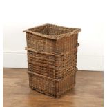 Woven willow basket 20th Century, of square form with banded decoration, 48cm high x 35cm deep