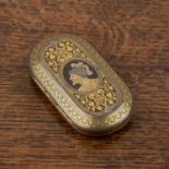Brass inlaid snuff box With a hinged lid, with foliate decoration, a soldier cameo to the centre,