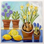 Carolyn Tyrer (Contemporary) 'Daffodils and lemons', oil on canvas, signed lower right, 49.5cm x