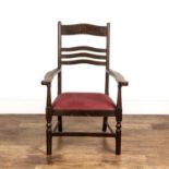 Rayswi of Harrogate Arts and Crafts, armchair with shaped top rail, red upholstered seat, with label