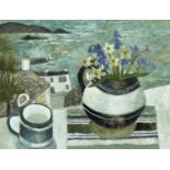Sarah Bowman (Contemporary) 'Spring Flowers in Stripe Jug', oil on board, titled to the reverse of