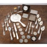 Group of miscellaneous silver and silver plate Including: cigarette cases, spoons, hand held