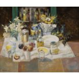 G. Roffoules (Contemporary) 'Still life with flowers and jars', oil on canvas, signed lower left,