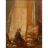 Late 19th/early 20th Century British School 'Untitled lady with painting', painted onto a wooden