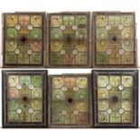 Set of six stained or painted glass panels in the Arts and Crafts manner, unsigned, two framed, 49cm