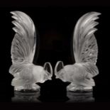 René Lalique (1860-1945) Pair of 'Coq Nain Bantam' or cockerel, glass car mascots, signed to the