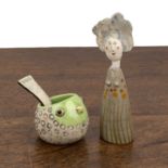 Jane Muir (b.1966) 'Little lady' figure, unmarked, 17cm high and an Alice Shepherd 'Bird pot with