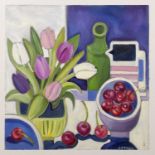 Carolyn Tyrer (Contemporary) 'Tulips and cherries', oil on canvas, signed lower right, 49.5cm x 49.