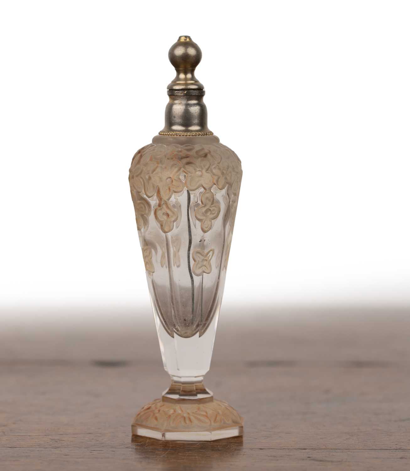 Art Deco glass scent or perfume bottle French, with moulded decoration of trailing flowers, with - Image 2 of 2