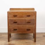 Attributed to Heals Oak, chest of three drawers, unmarked, 71cm wide x 82.5cm high x 42.5cm deep
