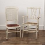 Two painted chairs 19th Century, one with bergere caned back, 89cm high overall, the other 87cm high