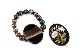 A collection of antique and later jewellery, comprising a pietra dura panel bracelet and loose