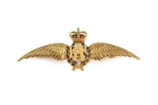 An enamel RAF wings brooch, heightened with green and red enamel, 9ct gold mounted, hallmarked for