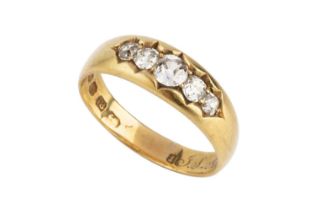 A late Victorian diamond five stone ring, the graduated old-cut diamonds in scalloped gypsy style