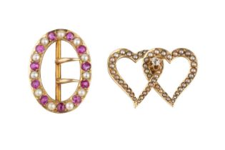 Two half pearl brooches, the first designed as an oval buckle of alternating cushion-shaped rubies