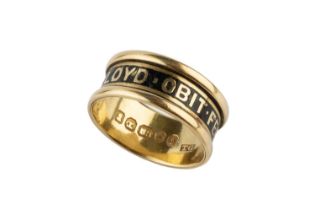 A 19th century enamel memorial band ring, with central black enamel inscription dated 1867, 18ct