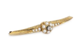 A half pearl and diamond cluster bar brooch, centred with an old-cut diamond and half pearl