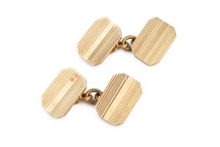 A pair of 9ct gold cufflinks, with octagonal engine-turned panels and chain-link fittings,