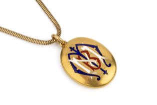 A Victorian enamel locket pendant, the oval locket with blue, red and white enamel monogram and