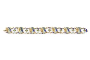 An enamel panel bracelet, designed as a series of green and blue enamel panels, each modelled as