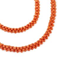 A collection of jewellery, comprising a coral corallium rubrum bead necklace and bracelet suite, a