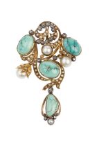 A vari gem-set pendant/brooch, designed as a scrolled openwork panel of cultured pearls, half