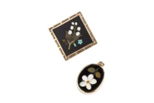 Two pietra dura panel brooches, each depicting a floral spray, together with a pietra dura